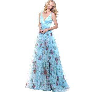 NWT Sherri Hill Organza Floral A-line Maxi Dress Gown Satin Bodice Blue Size 2